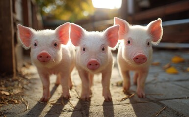 Three adorable piglets face forward in a sunny outdoor pen