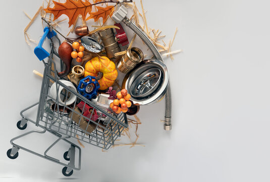 Plumbing Thanksgiving Scene with Shopping Cart and Tools