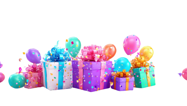 Colorful gift boxes and balloons with confetti