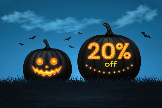 Halloween 20 Percent Off Promotion with Pumpkins and Bats for Autumn Discounts and Seasonal Sales
