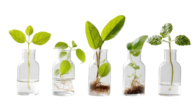 Five small plants in clear glass bottles