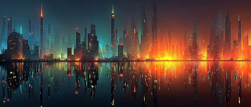Modern futuristic city skyline glowing with neon lights under dark night sky, cyber inspired urban scene with tall skyscrapers and large blank area for sci fi fantasy and technology campaigns