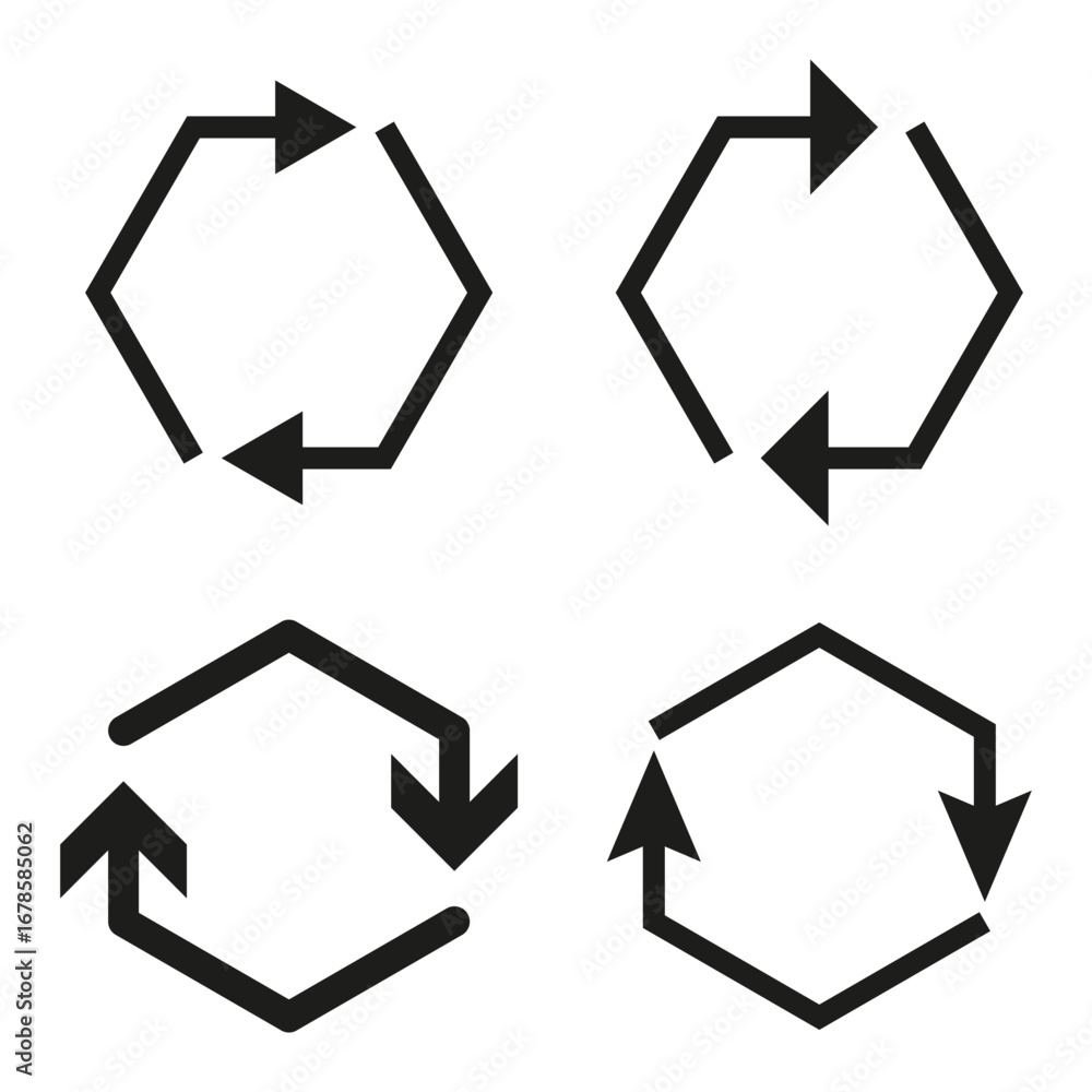 Poster set of cyclic arrows. circular loop symbol. hexagonal process diagram. vector recycle icons.