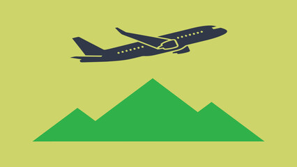 Minimal flat vector of an airplane flying above a mountain peak, symbolizing travel and adventure, sharp and modern, high resolution