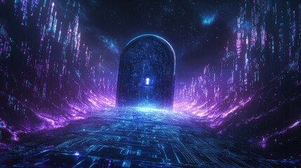Futuristic archway glowing in digital cityscape at night