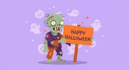 Fototapeta premium Happy Halloween Zombie Character Holding Holiday Sign Fun Illustration