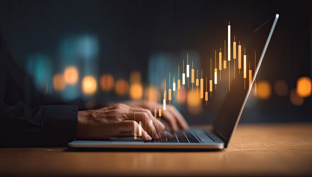 Person working on laptop, financial graph overlay