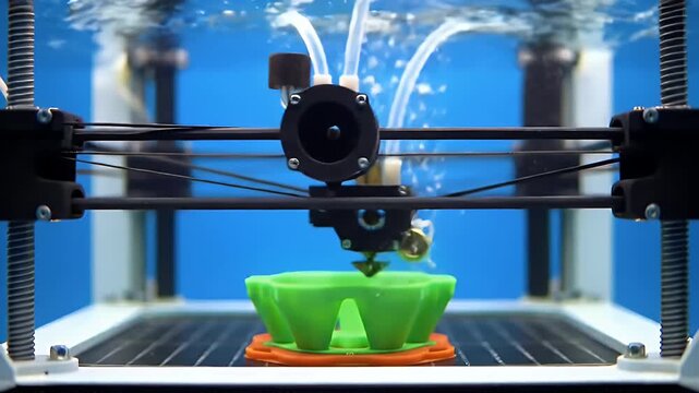 Captivating Close Up Production of Underwater 3D Printing with Bubbles Underneath Clear Water and Bright Blue Backdrop Showcasing Green Object Design Perfect for Adobe Stock