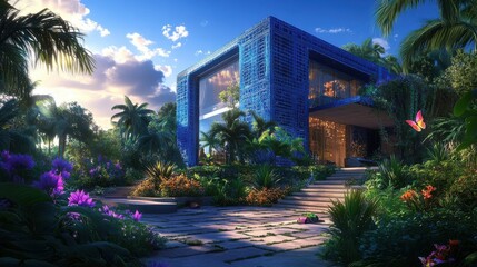 Fototapeta premium Modern blue house with glass windows in tropical garden
