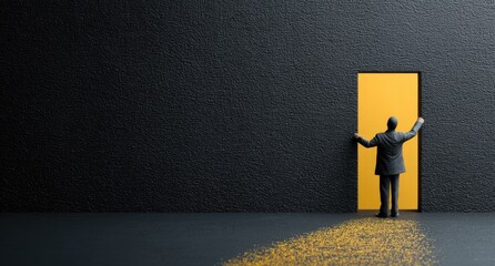 Businessman opens a bright yellow door into darkness