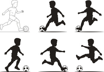 Child playing soccer silhouette set, running and kicking ball, sports action poses, football player motion sequence, black vector illustration, athletic activity design