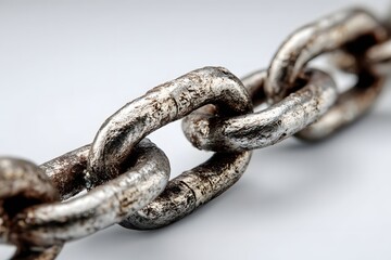Obraz premium Friendly link concept with metal chain links on white backdrop symbolizing strength bond togetherness