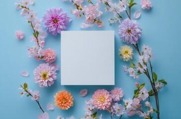 Obraz premium Blank square paper surrounded by pastel flowers and branches on a light blue background