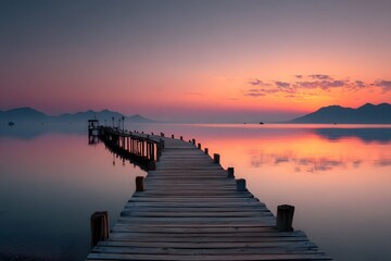 Fototapeta premium Pier stretching over tranquil lake at sunset perfect for travel blogs adventure ads or chill vibes.