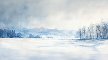 Serene winter landscape with snowy field and mountains