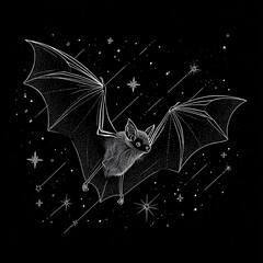 Stylized line art of a black bat arching its back, surrounded by stars and sparkles