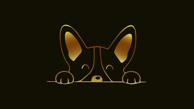 Golden corgi. Peeking dog. Line art pup. Cute animal icon. Minimal pet logo. Gold illustration. Black background. Corgi puppy art. Dog lover gift. Elegant canine. Golden Corgi Peeking Dog Line Art.
