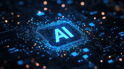 Futuristic circuit board with glowing AI letters in digital space
