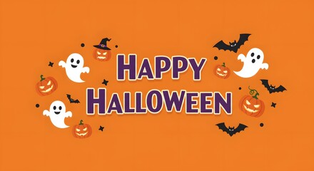 Happy Halloween Vector Art with Cute Ghosts Pumpkins Bats Orange Background