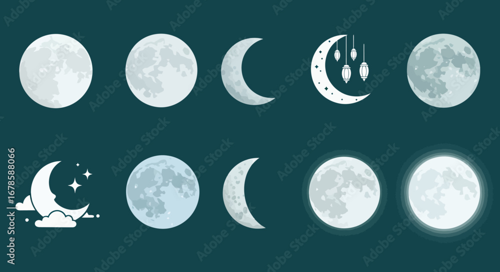Poster collection of vector illustrations of different moon phases and styles, perfect for adding a celesti