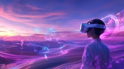 Young Asian woman experiencing virtual reality at sunset seascape