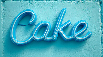 Bright blue neon "cake" sign glows against a textured blue wall, ideal for bakery, dessert, and celebration concepts.
