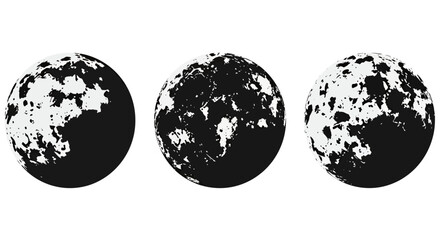 Obraz premium A captivating trio of stylized moon illustrations, rendered in stark black and white, depicting various lunar phases with a modern, graphic vector aesthetic.