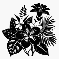 Tropical Bloom Pack Floral Black Silhouette Vector Illustration on White Background