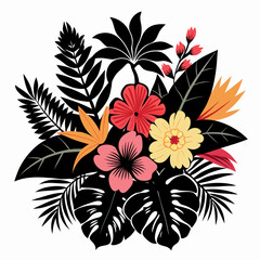 Tropical Bloom Pack Floral Black Silhouette Vector Illustration on White Background