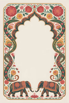 Ornate Indian Wedding Arch with Decorated Elephants. Festive Floral Frame for Grand Celebration.