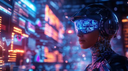 Young African American woman in futuristic clothing observing data