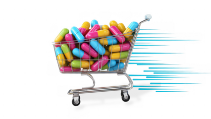 Dynamic shopping cart of capsules, created with AI, PNG