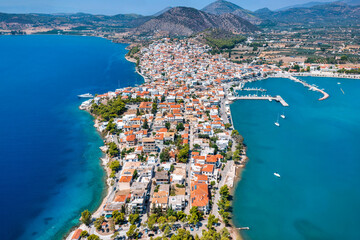 Aerial view of the town of Ermioni, situated on a small peninsula, Peloponese, Greece, during a summer day
