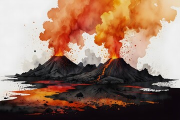 Lava is pouring from a volcano crater. The fiery red stream flows down the mountain. Smoke and ash rise into the sky, creating a dramatic scene.