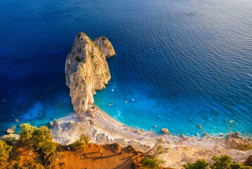 Aerial overhead view of the famous Mizithres rocks at Zakynthos island, Greece, with the famous viewpoint where people enjoy the summer sunset