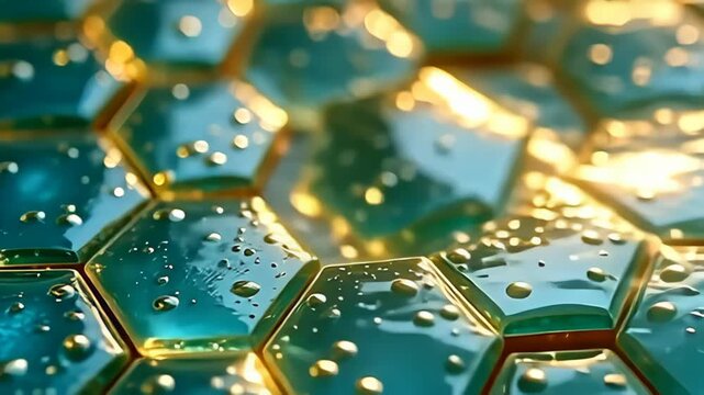 In an explosion of sunlight gold and tranquil teal, the hexagonal molecule made of reflective glass panels elegantly glides through the frame, its reflective surfaces creating a mesmerizing