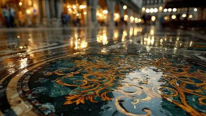 Venetian piazza floor, rain-slicked