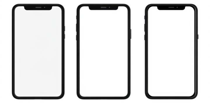 Three smartphones mockup front view on transparent png background