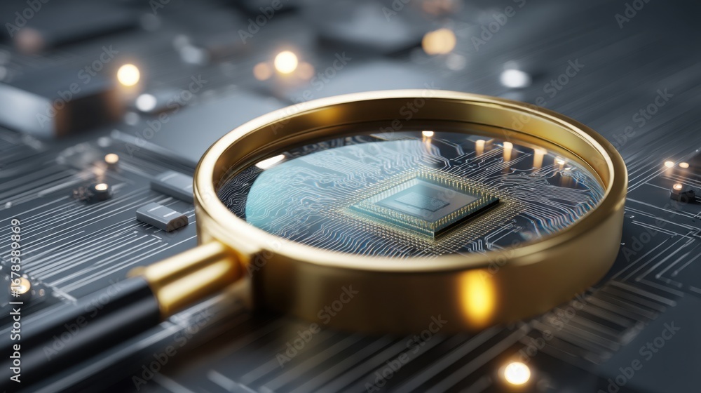 Poster magnifying glass positioned on top of cpu icon concept for system diagnosis and microprocessor analy