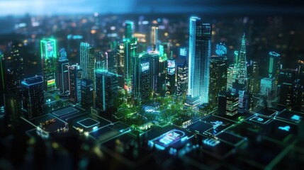 Futuristic cityscape at night with neon lights and park