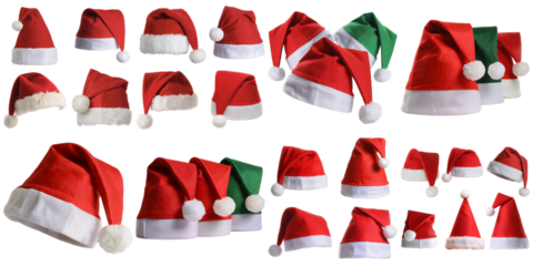 Red and green festive hats with white trim isolated on a transparent background christmas santa