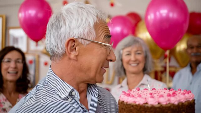 Elderly man with glasses, surprised expression, holds decorated cake surrounded by cheerful friends at a festive celebration, capturing the joyful atmosphere of a birthday gathering with vibrant ballo