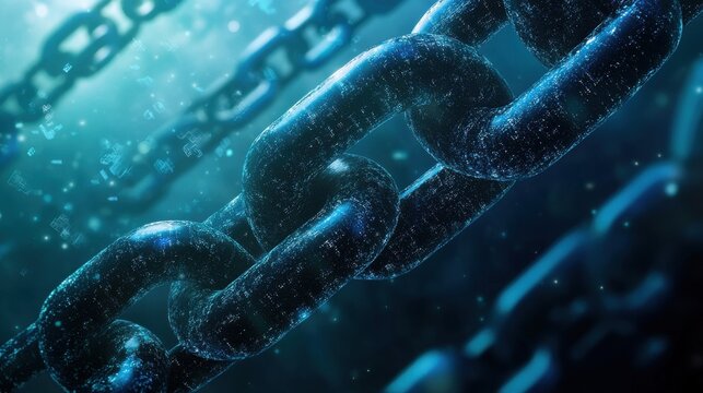 Digital chain links surrounded by particles in mysterious environment