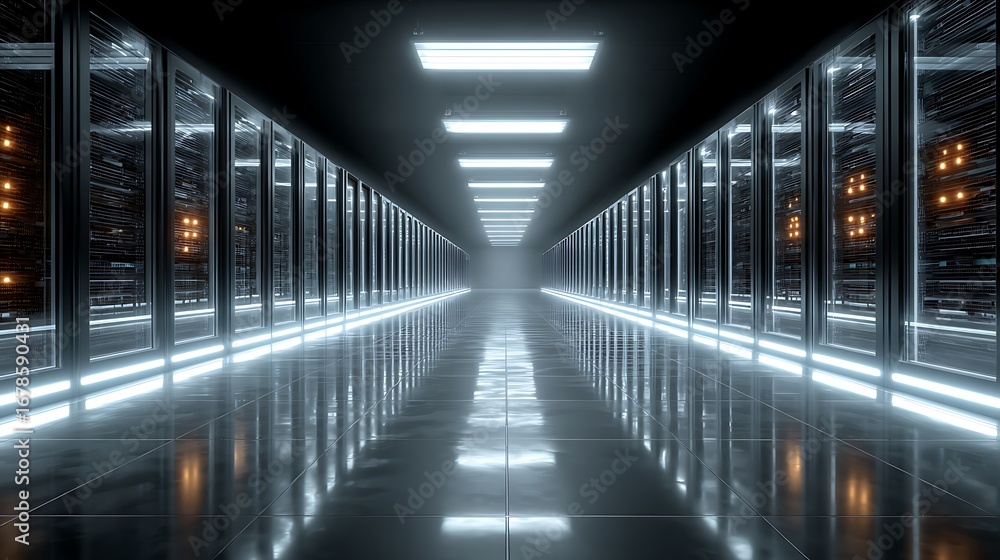 Aufkleber symmetrical futuristic data center hall with long rows of glowing server racks, advanced cloud compu