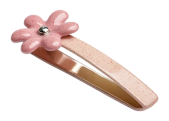 Charming pink flower snap clip barrette with a glossy finish and red speckled pattern. Isolated on Transparent and White Background
