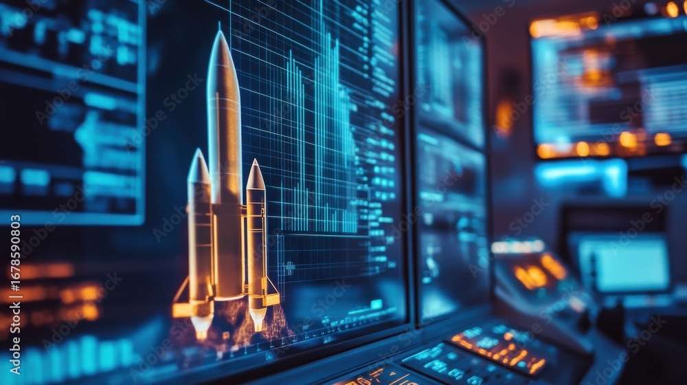Aufkleber rocket displayed on computer screen in technological control room