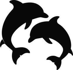 Fototapeta premium Two majestic black dolphin silhouettes leaping gracefully together in a synchronized aquatic dance underwater ocean life silhouette