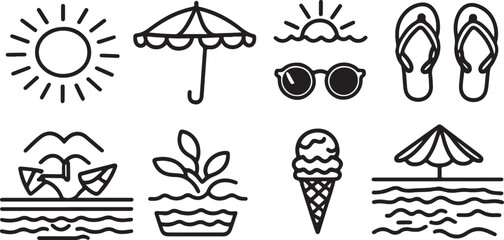 Summer Beach Vector Icons with Umbrella, Sunglasses, Flip-flops, Vacation Elements, Black and White Design, Tropical Fun, Seaside, Creative, Illustrative, Coastal Vibes, Relaxation, Leisure, Holiday, 