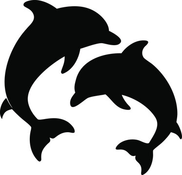 Two majestic black dolphin silhouettes leaping gracefully together in a synchronized aquatic dance underwater ocean life silhouette