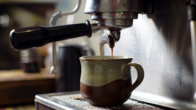 Close Up of Espresso Machine Extracting Rich Dark Brew Into Two Tone Mug Revealing Coffee's Aromatic Essence on Metallic Machine and Blurred Background Creating Coffee Culture Theme